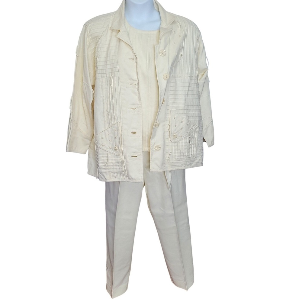 Talk of the Walk Cotton 3pc Suit Set Jacket Top Pants Cream Coastal Chic Minimal